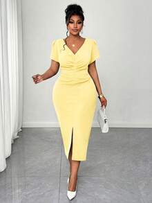 Maweii 大码女士优雅休闲商务V领短袖修身连衣裙，女士优雅裹身连衣裙，黄色女士连衣裙，正式服装，Ycv9w女士连衣裙折扣码，女士连衣裙，优雅经典端庄Cb - 黃色 - 查看 1