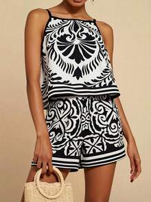 Travachic Bộ đồ 2 mảnh dành cho nữ, gồm áo hai dây và quần short kẻ sọc, thích hợp cho kỳ nghỉ. - Đen và trắng - Xem 8