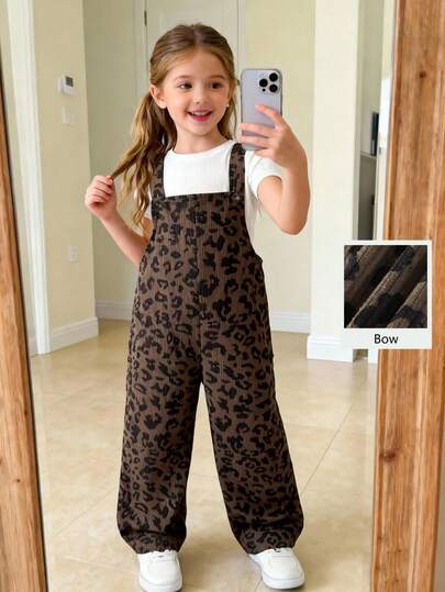 SHEIN Playful Pals Pantalones de peto con estampado de leopardo de estilo lindo para niñas pequeñas, de color marrón oscuro, con diseño de correa con botón, ajuste recto suelto, de tela de pana, adecuado para la escuela, el transporte, el uso diario, primavera/verano/otoño/invierno