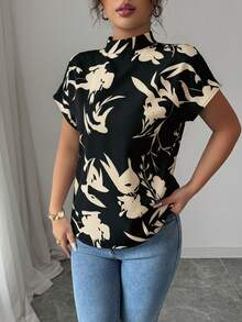 Elenzga Women's Casual Plant Print Mandarin Collar Short Sleeve Shirt - Multicolor - View 3