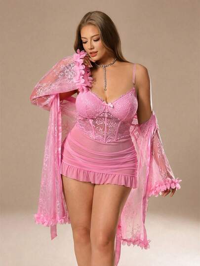 Auralis 1 set Robe en dentelle grande taille avec décoration florale 3D + Robe nuisette en dentelle grande taille avec design de ceinturage à la taille