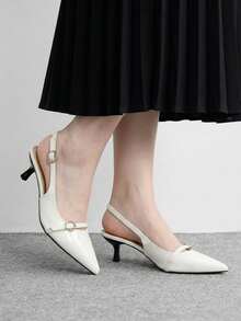 CUCCOO BIZCHIC 女士鞋履，后系带搭扣凉鞋，尖头设计，5厘米细跟，法式通勤风格，亮面漆皮，米色，后系带凉鞋，适合职场通勤/约会穿着 - 米白色 - 查看 7