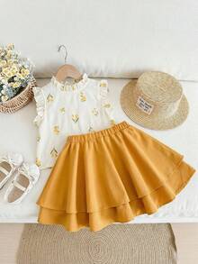 LMoss Kids LMoss 两件套少女碎花编织休闲衬衫和编织迷你裙套装 - 黃色 - 查看 6