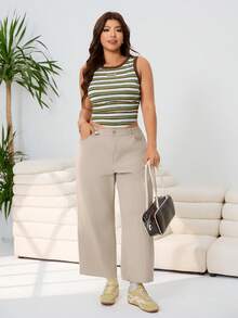 Solflare Nuevo conjunto casual versátil de primavera/verano, adecuado para salidas, uso diario, fiestas, ir al trabajo, festivales de música, vuelta al colegio, graduación, vacaciones, ropa urbana, ropa de estar en casa, explorar tiendas, pasear por la ciudad, uso en múltiples ocasiones, se puede usar como prenda exterior o en capas, tonos terrosos, verde militar, rayas multicolor, tejido elástico de punto, fruncido en la cintura, corto, cuello redondo, bajo asimétrico, camiseta y top de tirantes talla grande - Multicolor - Ver 5