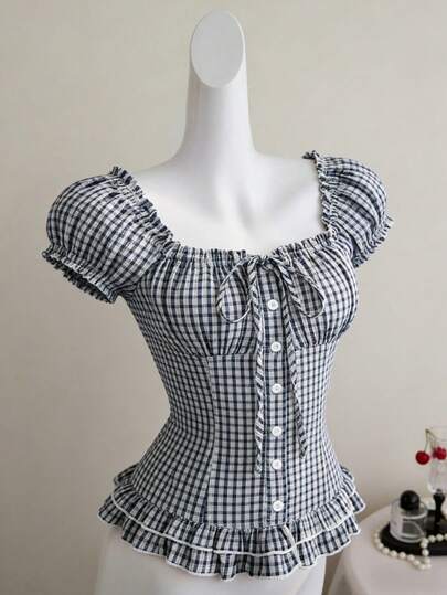 Sweetra Blusa de cuello cuadrado, manga abullonada y lazo, estilo a cuadros, azul, cintura ceñida, versátil y de talla grande