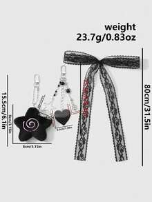 ROMWE Kawaii 3件組：可愛毛絨甜甜圈、樹脂蝴蝶結、心形與星星裝飾 + 80cm 白色蕾絲髮帶、鑰匙圈、包包配件組合，給女性、女孩的優雅禮物 - 黑色-14 - 查看 8