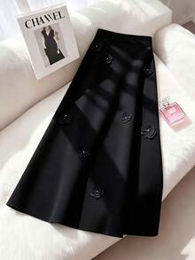 GlowEve CURVE Falda midi de línea A con flores 3D elegante y de moda para mujer - Negro - Ver 6
