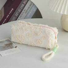 1 PC Heart Embossed Plush Cosmetic Bag, Cute & Stylish Large-Capacity Storage Bag, Multi-Functional Student Pencil Case & Sundries Organizer, Zippered Large-Opening Portable Travel Bag With Wrist Strap, Ideal For Women & Girls, Perfect For Daily Use & Back-To-School - Multicolor - View 5