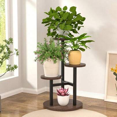 四层室内外植物架，金属木质结构，适用于各种室内植物，转角多层花草架，适用于阳台、花园、露台等场所。