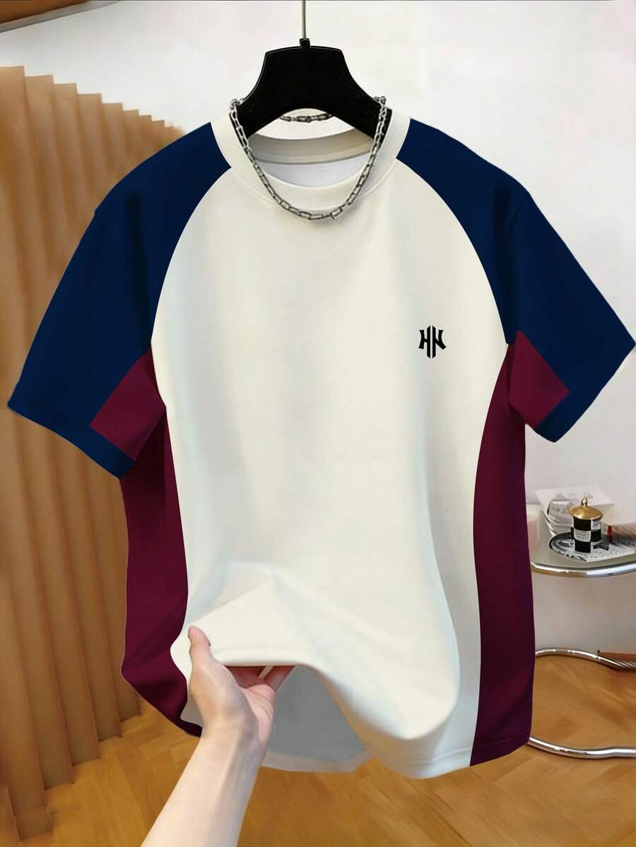 Manfinity Homme 加大码男士创意双H设计图案圆领撞色T恤,时尚休闲百搭运动短袖T恤 - 彩色 - 查看 1