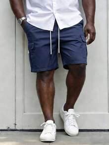 Manfinity Homme Plus Size Men's Drawstring Waist Cargo Shorts, Suitable For Commuting, Travel, Casual, Weekend Outings, Outdoor Activities, And Social Occasions - Navy Blue - View 2
