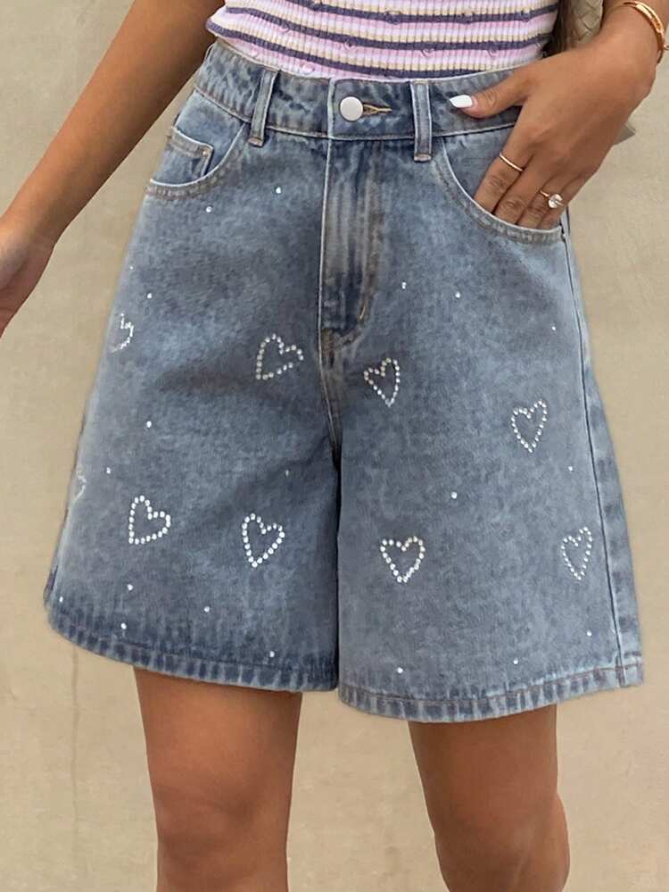 Women's Vintage Washed Denim Shorts With Heart Print, Rhinestone Decor, Casual Beach Vacation Street Style, Spring/Summer