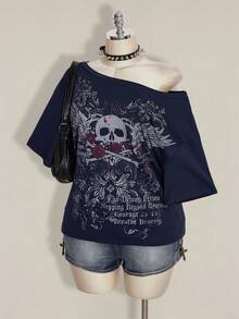 SHEIN ICON Plus Size Women Gothic Punk Pattern Black Loose Asymmetric-Shoulder T-Shirt - Navy Blue - View 4