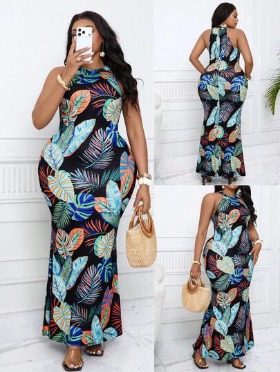 Villa Velisse Vestido casual de fiesta con cintura ceñida, cuello redondo y estampado de hojas, adecuado para el verano, tallas grandes para mujeres