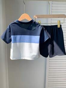 SHEIN 2 Stücke Baby Jungen Lässig gestreiftes Poloshirt & Marine Shorts Set, geeignet für Geburtstagsfeiern, Abendveranstaltungen, Aufführungen, Hochzeiten, Babypartys, 1. Geburtstagsfeiern - Verschiedenfarbig - Übersicht 2