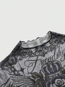 ROMWE Avant Blusa feminina Y2K Millennium Vintage com estampa de caveira e rosa, estilo tatuagem, em tela por toda a peça. - Multicolorido - Ver 6
