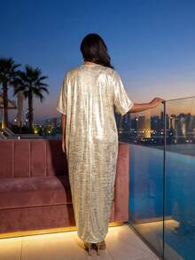 SHEIN Lady 节日连衣裙四季/婚礼宾客/教堂服装/舞会礼服/金色裙子/晚宴服装/金色女士缎面提花前开衩连衣裙，休闲派对优雅 - 金色 - 查看 3