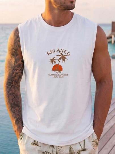 EGENSIO Men's Tropical And Letter Print Graphic Casual Summer Sleeveless Tank Top
