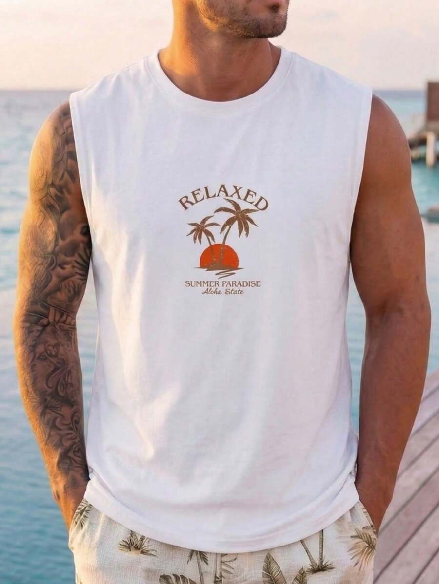 EGENSIO Áo ba lỗ không tay họa tiết nhiệt đới và chữ thường ngày mùa hè cho nam - trắng - Xem 1