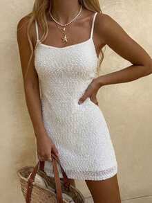 Lucivie Women's Casual And Elegant White Off The Shoulder Halter Neck Smocked Texture Sleeveless Mini Dress | White Summer Casual Bodycon Party Dres Seashell Dress White Dress Vacation Beach White Dress White Tube Dress Sea Shell Dress - Apricot - View 1