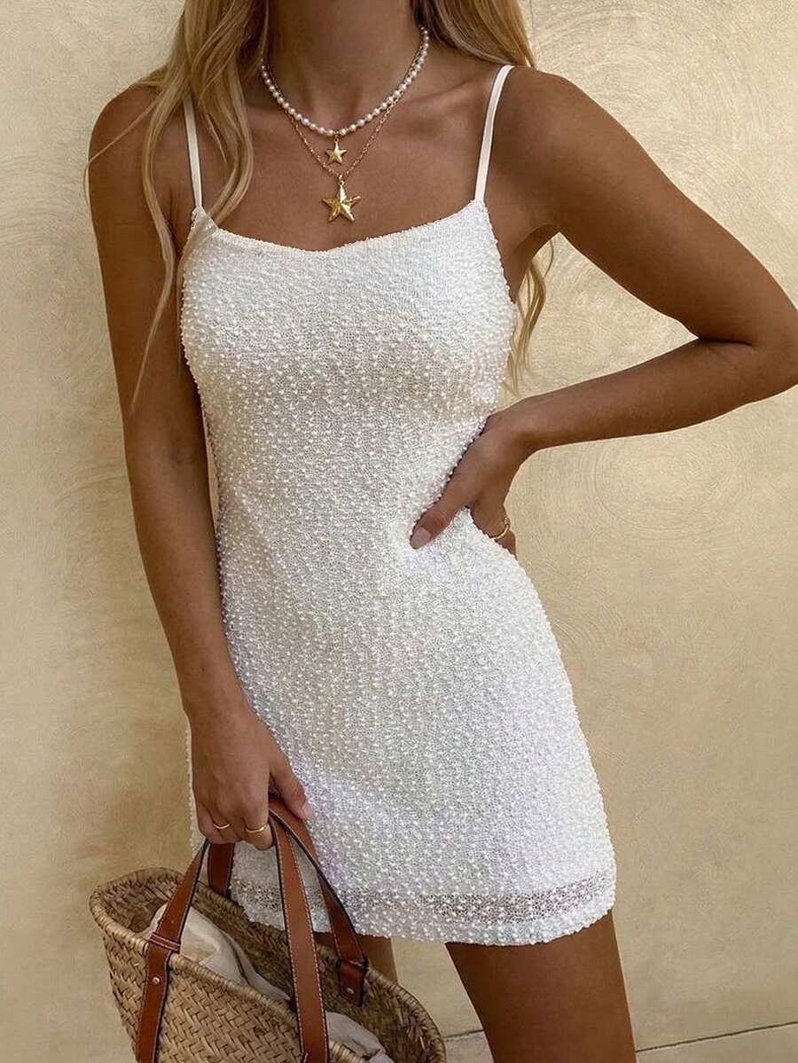 Lucivie Women's Casual And Elegant White Off The Shoulder Halter Neck Smocked Texture Sleeveless Mini Dress | White Summer Casual Bodycon Party Dres Seashell Dress White Dress Vacation Beach White Dress White Tube Dress Sea Shell Dress - Apricot - View 1