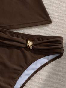 Bonvoyette Summer Vacation Cherry Print Spaghetti Strap Hollow Tie Waist Tankini Swimsuit 2 Pieces Set - Coffee Brown - View 4