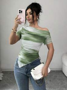 Elenzga 女士新款时尚扎染印花不对称领短袖T恤 - 橄欖綠 - 查看 3