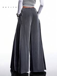 LYSMO Petite 女士纯色褶裥阔腿裤，适合通勤 - 灰色 - 查看 2