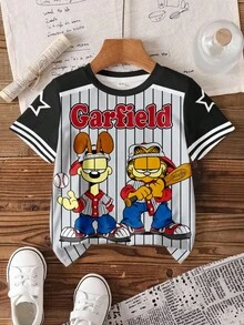 GARFIELD | SHEIN 男童休闲时尚街头日常通勤趣味卡通字母条纹星星印花短袖T恤，夏季 - 白色 - 查看 1