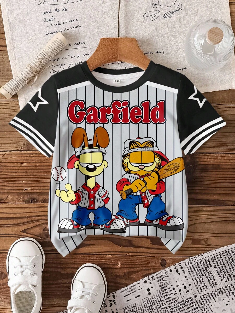 GARFIELD | SHEIN 男童休闲时尚街头日常通勤趣味卡通字母条纹星星印花短袖T恤，夏季 - 白色 - 查看 1