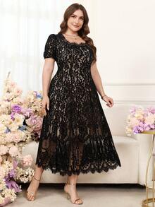 Ellevyn 大码女士优雅蕾丝方领短袖连衣裙 - 黑色 - 查看 6