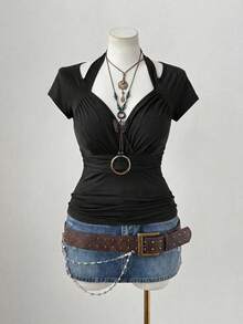 Sunspun 大码女式方领褶皱长袖紧身金属环优雅复古休闲家居棕色T恤 - 黑色 - 查看 3