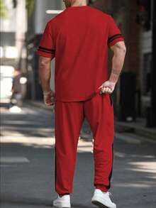 Manfinity Homme Plus Size Men's Numeric Print Short Sleeve T-Shirt And Shorts Casual Set - Red - View 2