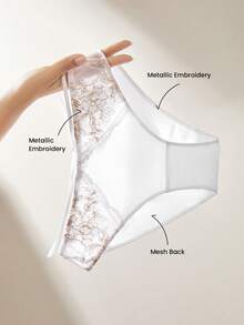 LUVLETTE Low-Rise White Embroidered Elegance Lingerie Floral Lace & Demi-Sheer Mesh & Strappy Sexy Briefs - Gold - View 5