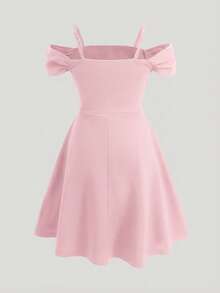SHEIN Tween女孩優雅露肩收腰A字天鵝絨秋季洋裝 - 粉色 - 查看 2