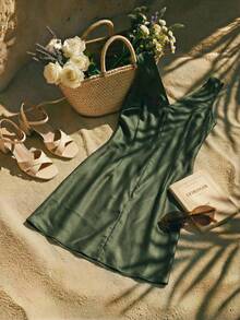 Trelyra 法式优雅缎面V领无袖收腰连衣裙 - 綠色 - 查看 3