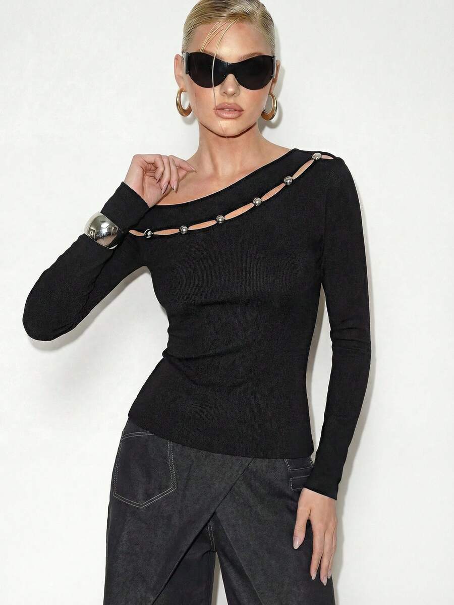 EMERY ROSE Women's Sexy Chic Cutout One-Shoulder Blouse, Black T-Shirt, Metal Button, Black Long Sleeve Top Asymmetrical - Black - View 1