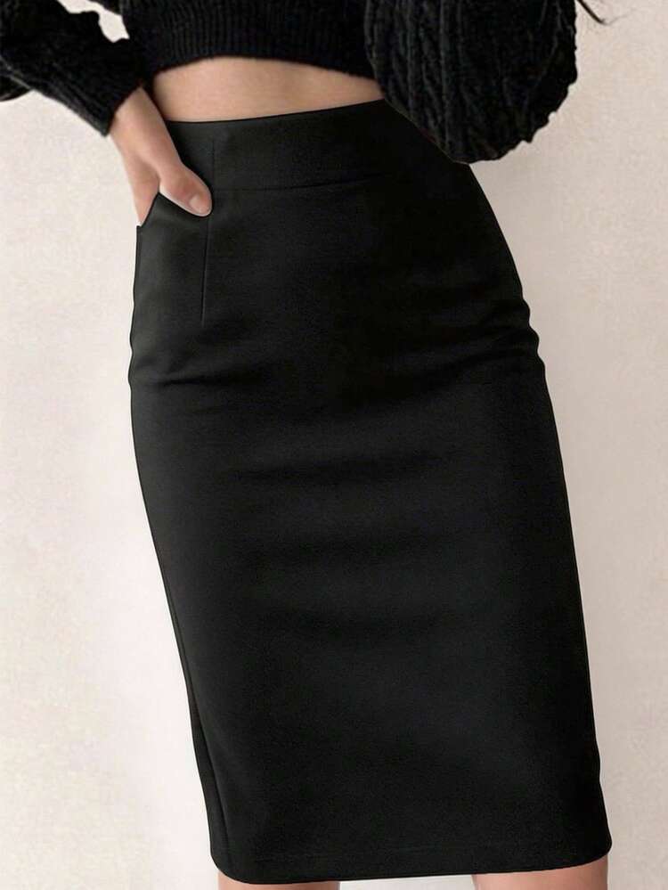 Women's Solid Color Bodycon Pencil Skirt, Elegant