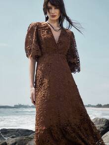 Aveloria Modichic Water-Soluble Embroidered V-Neck Flared Sleeve Mini Dress - Brown - View 1