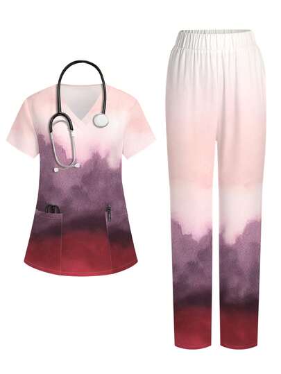 PopScrub Conjunto de 2 piezas con diseño de bolsillo, cuello en V y manga corta con estampado degradado de púrpura y rojo, uniforme de enfermera informal de primavera/verano