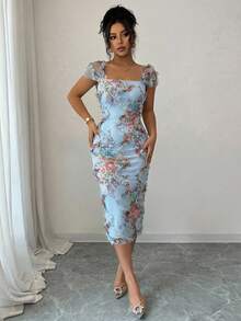 Elenzga petite Women's Elegant Romantic Mesh Floral Print Ruffle Waist Midi Dress, Suitable For Weddings, Parties, Dates, Shopping And Other Occasions, Spring/Summer (Random Print) - Blue - View 3