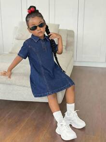 Young Girl' New Fashion Y2k Casual Soft Cute Oversized Boho Navy Blue Denim Shirt Dress Spring Summer,For Kids Girls Spring/Summer Dailywear Outfits,Girls Streetwear Outfits,Beach Vacation Outfits For Girls ,Girls Summer Boho Outfits,Casual Clothes For Girls ,Elegant Dresses For Girls ,Toddler Dress ,4-Year-Old Girls Dress ,Summer Dress ,Casual Dress,Shirt Dress - Dark Wash - View 4