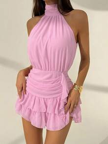 Aloruh Waist Cinched Ruched Hem Flounce Back Tie Mini Dress, Valentine's Day,Pink Dress - Pink - View 5