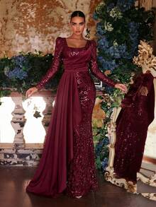 Aureia Vải sequin màu đỏ rượu vang thanh lịch, lãng mạn, trang nhã, sang trọng, phối satin, xếp ly, thích hợp cho các dịp lễ, kỳ nghỉ, tiệc sinh nhật, đám cưới, tiệc tối trang trọng. - Màu Đỏ Sâu - Xem 4
