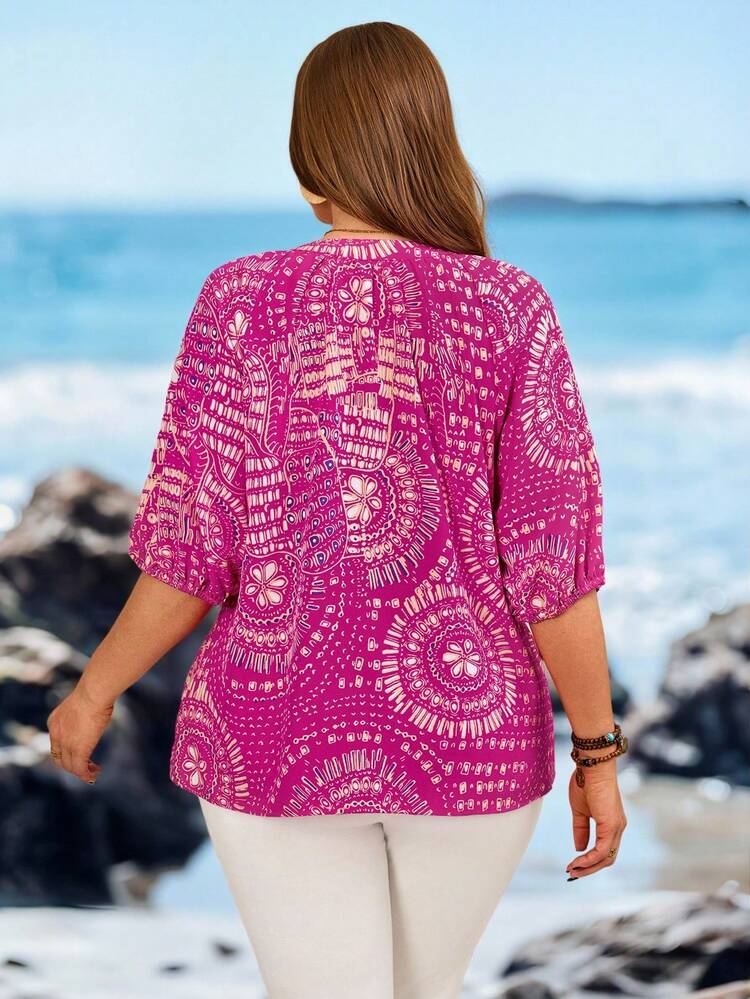 Plus Size Women Floral Pattern Lantern Sleeve Vacation Shirt,  Plus Size Summer Tops, Pink Top