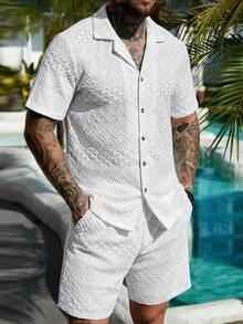 Manfinity RSRT 男士纯色休闲度假风提花短袖衬衫和短裤套装 - 白色 - 查看 5