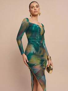 Olia Maree Olia Maree 扎染垂褶领口褶皱修身连衣裙长款女装 - 綠色 - 查看 3