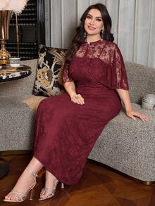Modelyn Designer Plus Size Elegant Burgundy Long Lace Dress With Cloak Sleeves And Stand Collar - Burgundy - View 7
