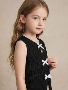 Young Girl Round Neck Color Block Bowknot Split Back Sleeveless Knit Tank Top,Cute Vintage Fashion Black Summer First Birthday Mom&Daughter Matching - Black - View 6