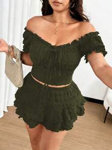 Vionelle Sexy Top mit Schulterausschnitt und Shorts Set in Große Größen, Schleifendekor, lässiger Strandurlaubs-Outfit - Armeegrün - Übersicht 2